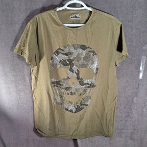 Heads Or Tails Sparkle Camo Skull Khaki Stretch Graphic Tee VG- M